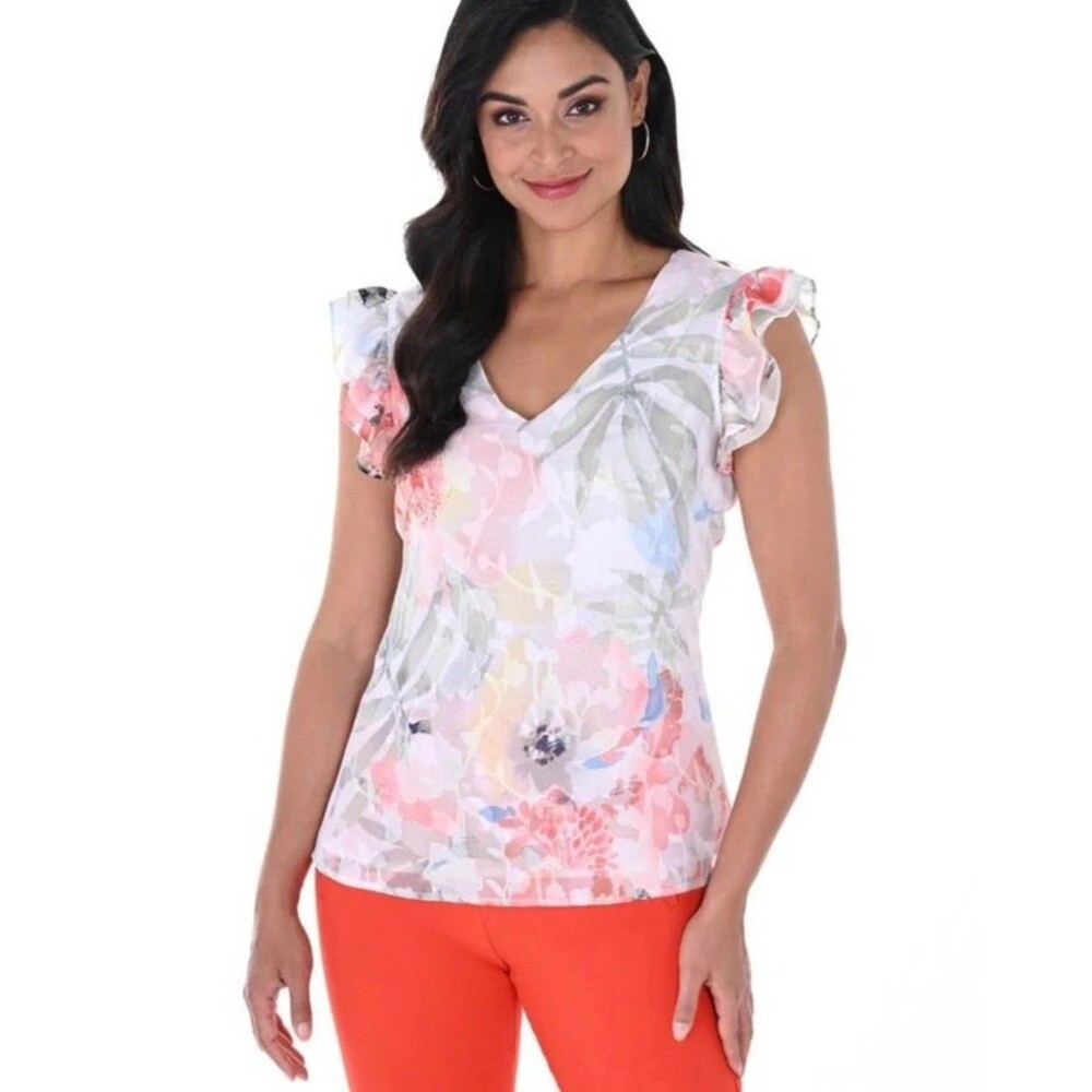 Frank Lyman Montréal Women’s Sz 6 Floral Watercolor V-Neck Flutter Sleeve Blouse